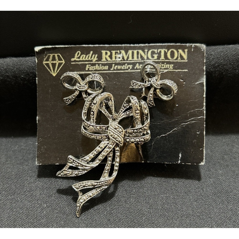 Vtg Lady Remington Marcasite Bow Pin Brooch & Earrings Retro Holiday Christmas